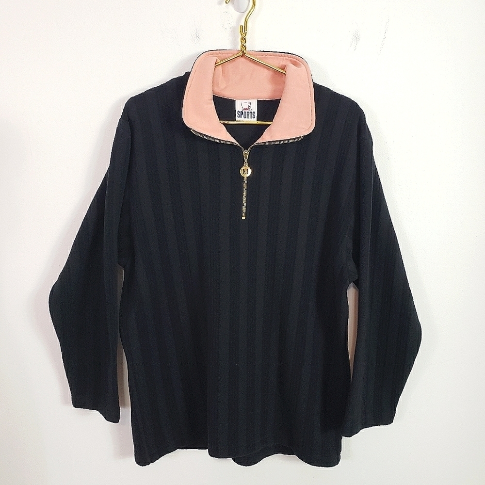 Mondi Sports black striped fleece pullover pink collar quarter zip Vintage